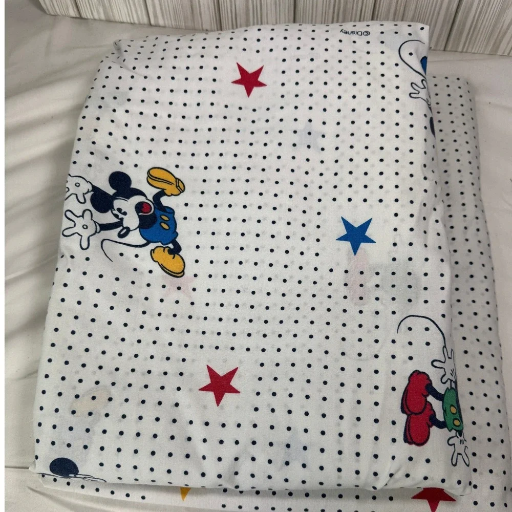 VTG Disney Mickey Mouse Twin Sheet Set Polka Dot Stars White Blue USA Made
